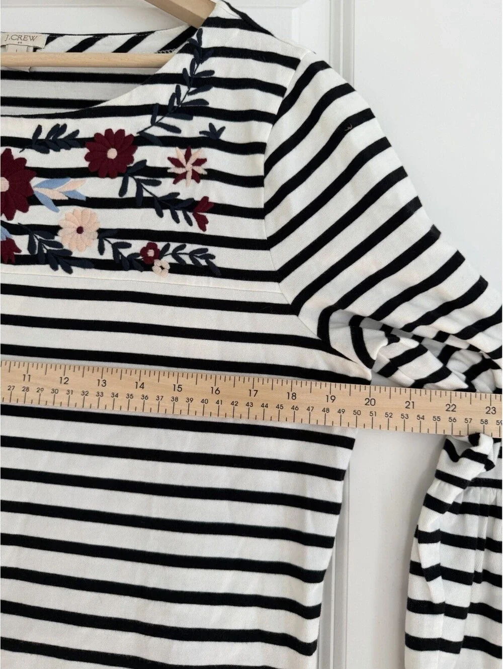 J.Crew Women’s Striped Floral Embroidered Bell Sleeve Top Size L French Nautical